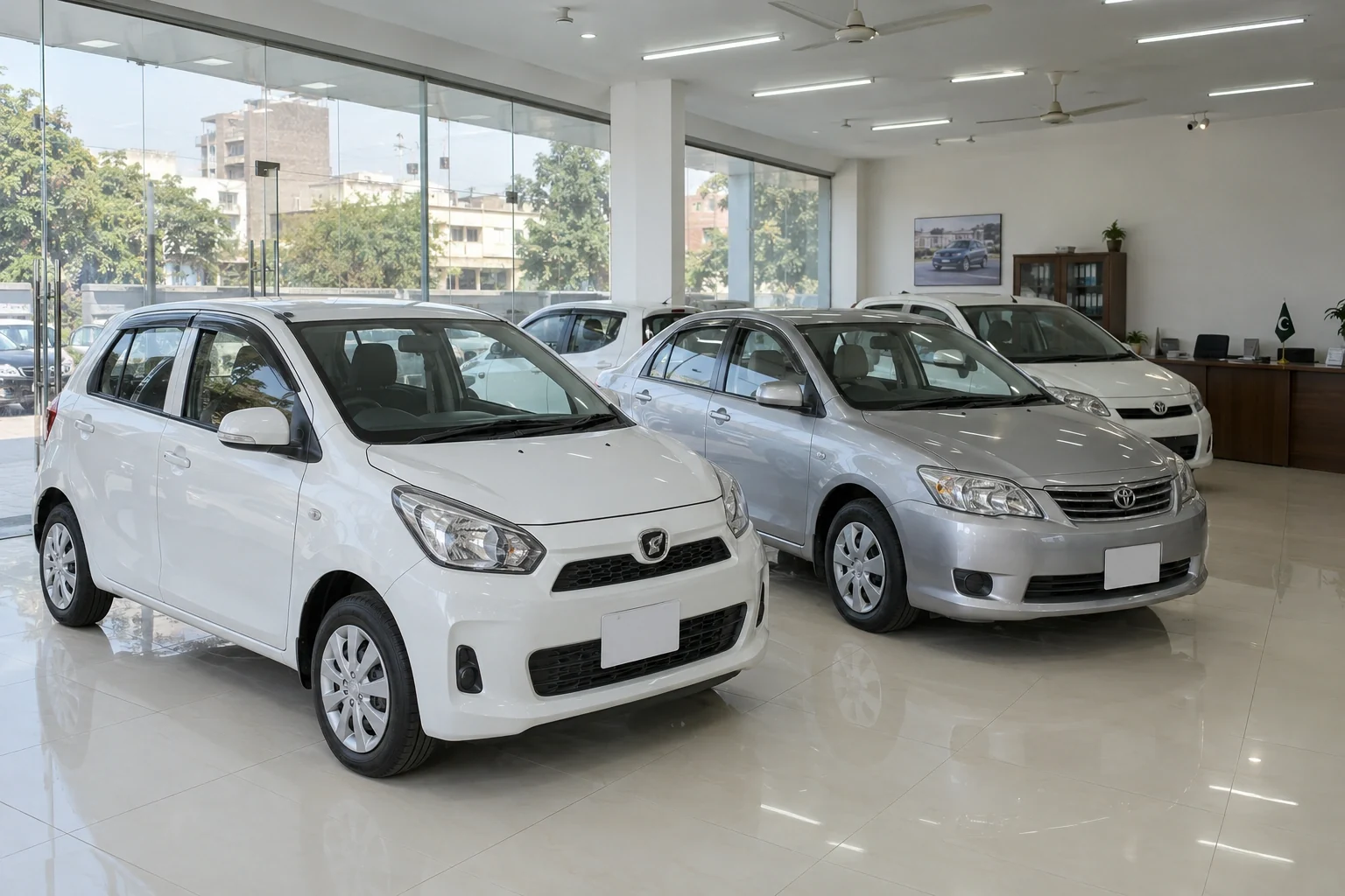 Compact hatchbacks and family sedans in a Pakistani dealership — AI-generated sector illustration